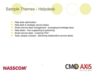 Sample Themes - Helpdesk
 Help desk optimization
 Help desk to strategic service desks
 Smart service desk management - leveraging knowledge base
 Help desks - from supporting to partnering
 Smart service desk - Lowering TCO
 Tools, people, process - delivering collaborative service desks
 