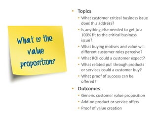 • Topics
  • What customer critical business issue
    does this address?
  • Is anything else needed to get to a
    100% fit to the critical business
    issue?
  • What buying motives and value will
    different customer roles perceive?
  • What ROI could a customer expect?
  • What related pull through products
    or services could a customer buy?
  • What proof of success can be
    offered?
• Outcomes
  • Generic customer value proposition
  • Add-on product or service offers
  • Proof of value creation
 
