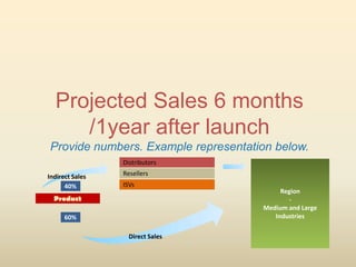 Projected Sales 6 months
     /1year after launch
Provide numbers. Example representation below.
                 Distributors

Indirect Sales   Resellers
      40%        ISVs
                                          Region
                                            -
                                     Medium and Large
      60%                               Industries

                   Direct Sales
 