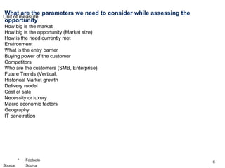What are the parameters we need to consider while assessing the opportunity How big is the market How big is the opportunity (Market size) How is the need currently met Environment What is the entry barrier Buying power of the customer Competitors Who are the customers (SMB, Enterprise) Future Trends (Vertical,  Historical Market growth Delivery model  Cost of sale Necessity or luxury Macro economic factors Geography IT penetration 