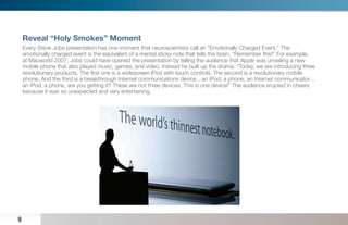 Reveal “Holy Smokes” Moment
    Every Steve Jobs presentation has one moment that neuroscientists call an “Emotionally Charged Event.” The
    emotionally charged event is the equivalent of a mental sticky note that tells the brain, “Remember this!” For example,
    at Macworld 2007, Jobs could have opened the presentation by telling the audience that Apple was unveiling a new
    mobile phone that also played music, games, and video. Instead he built up the drama. “Today, we are introducing three
    revolutionary products. The ﬁrst one is a widescreen iPod with touch controls. The second is a revolutionary mobile
    phone. And the third is a breakthrough Internet communications device…an iPod, a phone, an Internet communicator…
    an iPod, a phone, are you getting it? These are not three devices. This is one device!” The audience erupted in cheers
    because it was so unexpected and very entertaining.




9
 