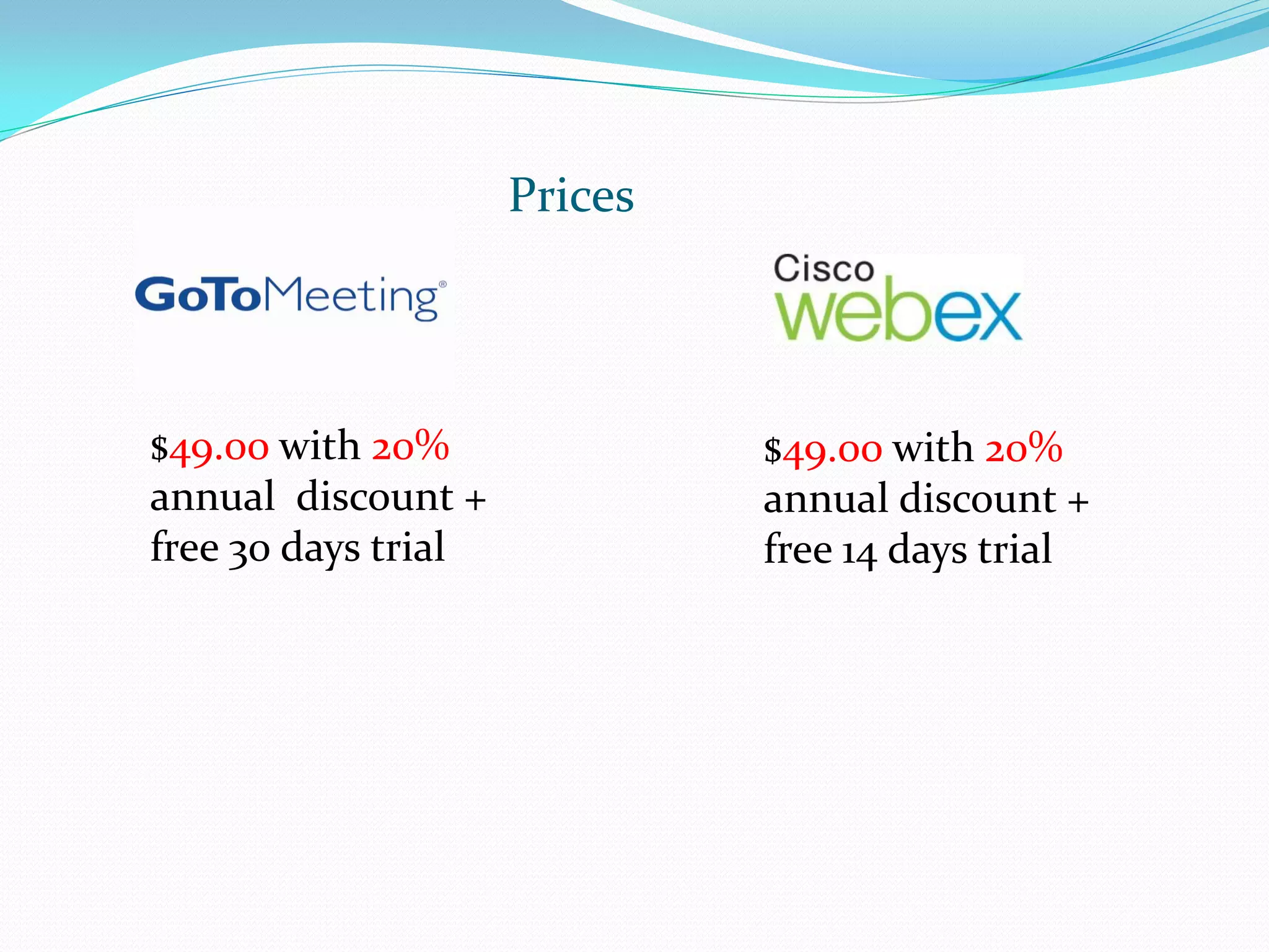Prices




$49.00 with 20%               $49.00 with 20%
annual discount +             annual discount +
free 30 days trial            free 14 days trial
 