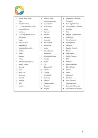  

       •   iTunes Music Store        •   Musica Online       •   Playstation 3 Vidzone
       •   Jriver                    •   Musicaxdescargar    •   Prefueled
       •   Juno Download             •   MusicStation        •   Pure Digital Radios
       •   La Curacao/Pasito Tunes   •   Muve Music          •   Qriocity/Music Unlimited
       •   Liverpool Sound           •   MUZU                •   Quintplay
       •   Lukesbox                  •   Mymusic             •   Rdio
       •   Luv Songs Mobile Music    •   Napster             •   Reggae Entertainment
           Gift Service              •   Nemesys             •   Rhapsody
       •   Magix                     •   Netmusik            •   Rhino Records
       •   Massive R&B               •   Nexway/Dell         •   Rolling Stone
       •   Media Markt               •   NMusic SA           •   Samsung
       •   Mediadis Sonica S.A       •   Nokia               •   Satellite Records
       •   Medion                    •   Nokia Comes         •   Saturn
       •   Meteli                        With Music          •   See Tickets
       •   Mewbox                    •   Nokia Music Store   •   Serbia Telecom
       •   mFlow                     •   Nowdio              •   SFR
       •   Millward Brown (OCC)      •   Nulab               •   Shazam
       •   Mix Up Digital            •   O2                  •   shop2download
       •   Mixmag                    •   Odyssey FM          •   Silver Platters
       •   MOG                       •   Optimus             •   Siminn
       •   Motor FM                  •   Orange              •   Simfy
       •   Moviezoo                  •   Orange SA           •   Skivlagret
       •   Movistar                  •   Oursong             •   Sonofon
       •   MSN UK                    •   Pannon              •   Sony Ericsson
       •   MTV                       •   Platekompaniet          PlayNow Arena
       •   Mueller                   •   Play.com            •   Soundclash Records
                                     •   Play.fm             •   Soundmedia (Ex Libris)

	
  
	
  
	
  
	
  
	
  
	
  
	
  
	
  
	
  
	
  
	
  
	
  
	
  




	
                                                                                          v	
  
 