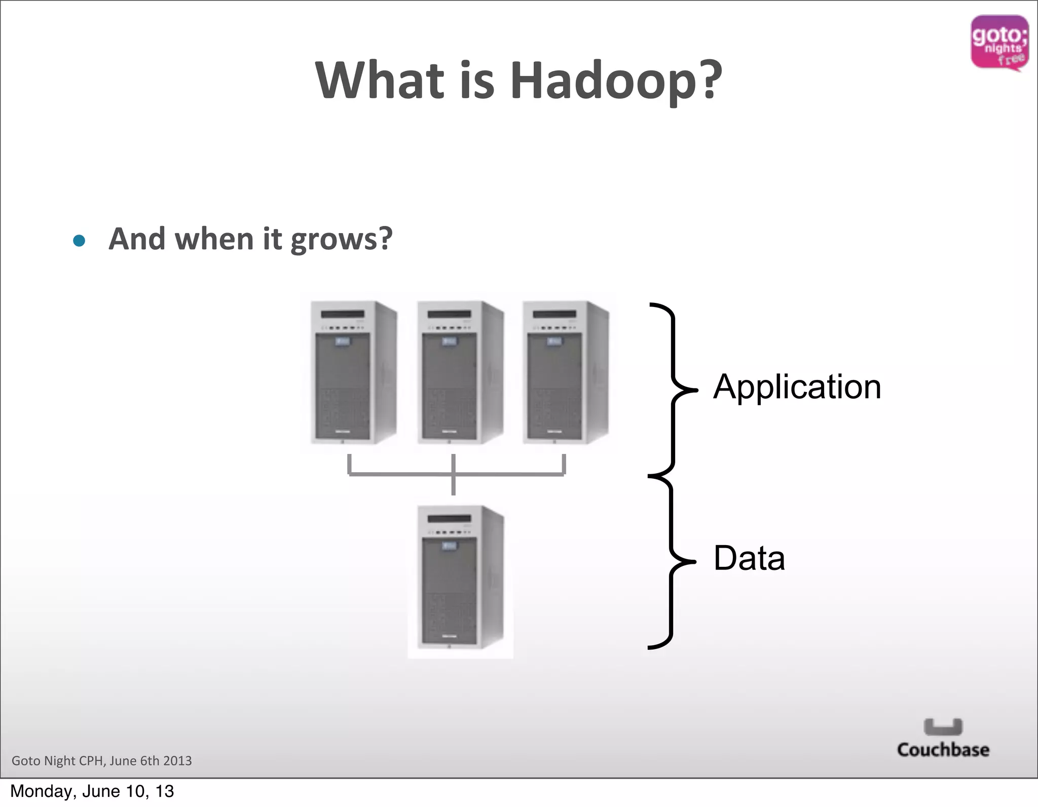 Goto  Night  CPH,  June  6th  2013 What  is  Hadoop? • And  when  it  grows? Application Data Monday, June 10, 13 