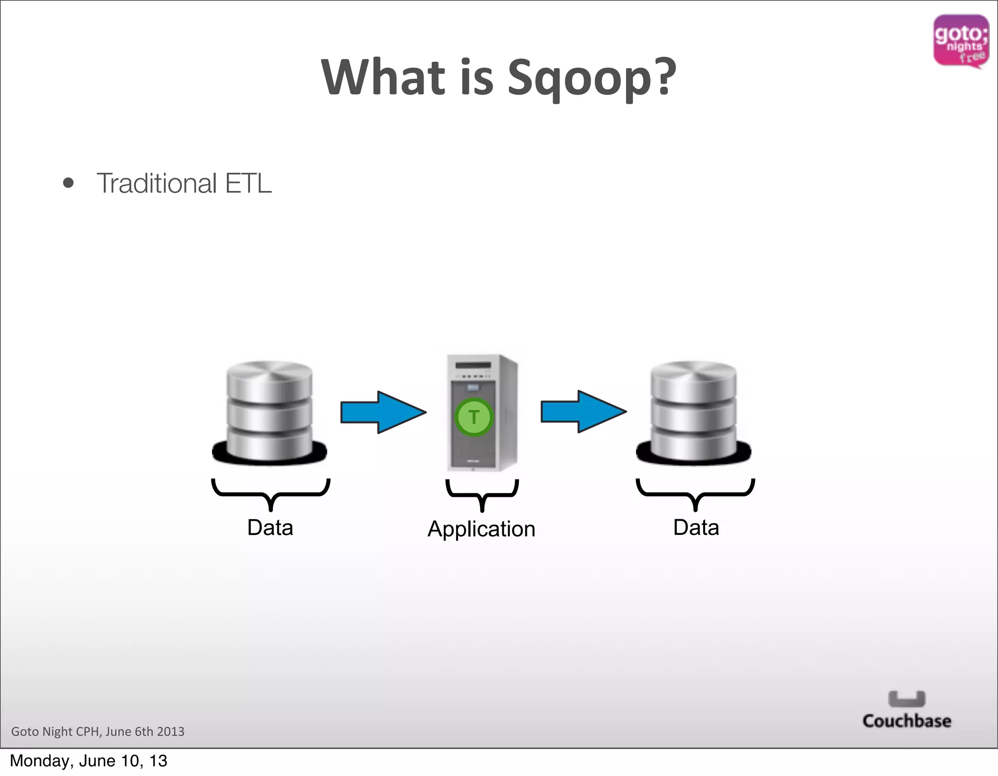 Goto  Night  CPH,  June  6th  2013 • Traditional ETL Application DataData T What  is  Sqoop? Monday, June 10, 13 
