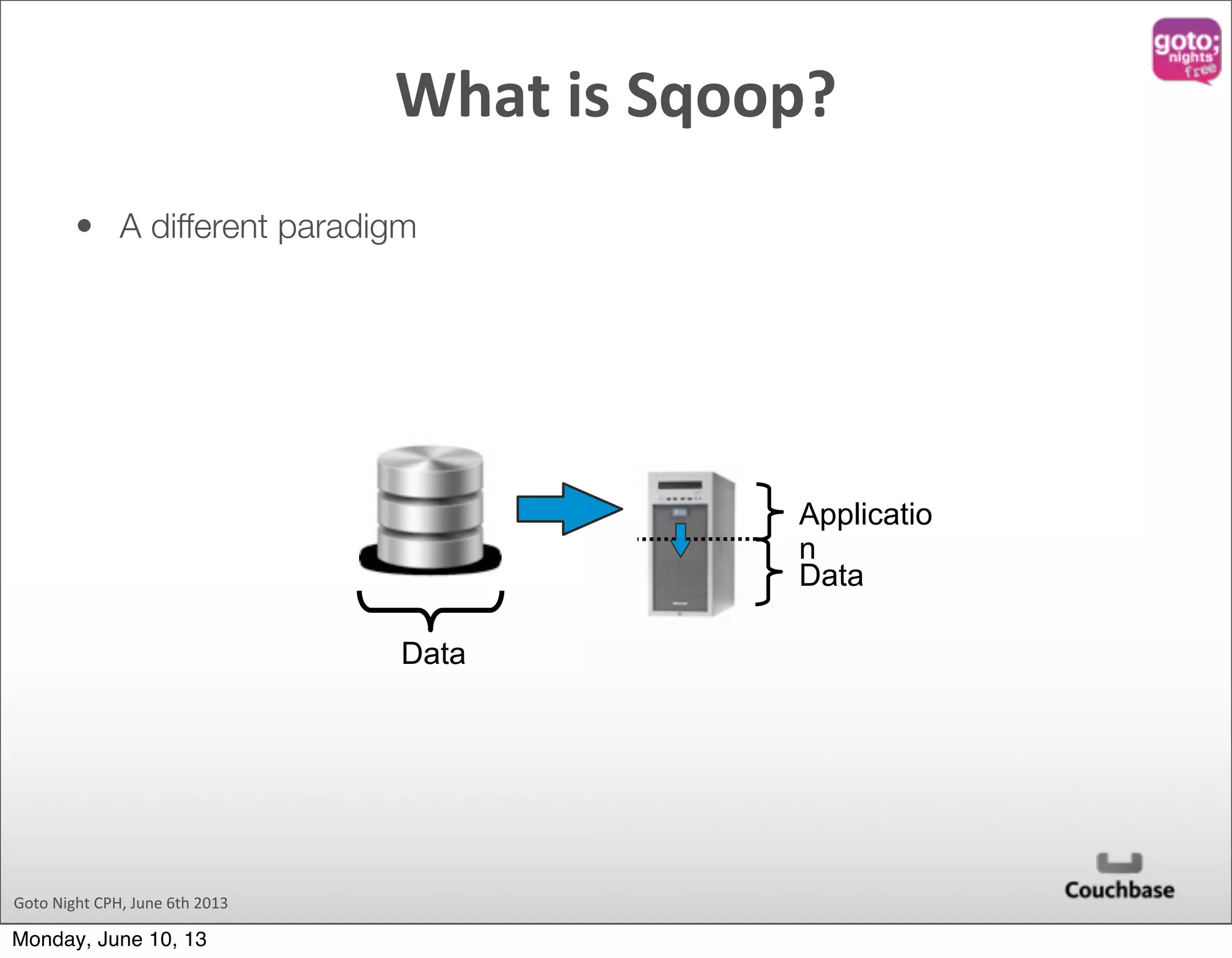 Goto  Night  CPH,  June  6th  2013 • A different paradigm Data Applicatio n Data What  is  Sqoop? Monday, June 10, 13 