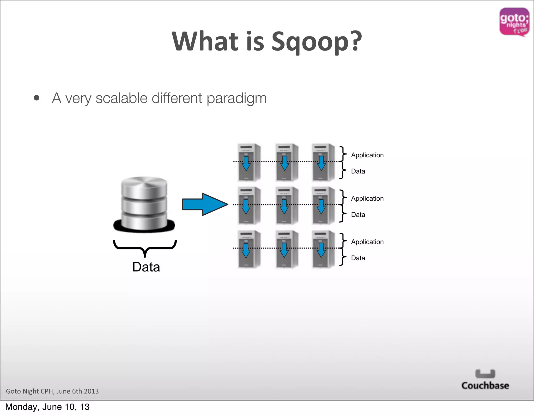 Goto  Night  CPH,  June  6th  2013 • A very scalable different paradigm Data Application Data Application Data Application Data What  is  Sqoop? Monday, June 10, 13 