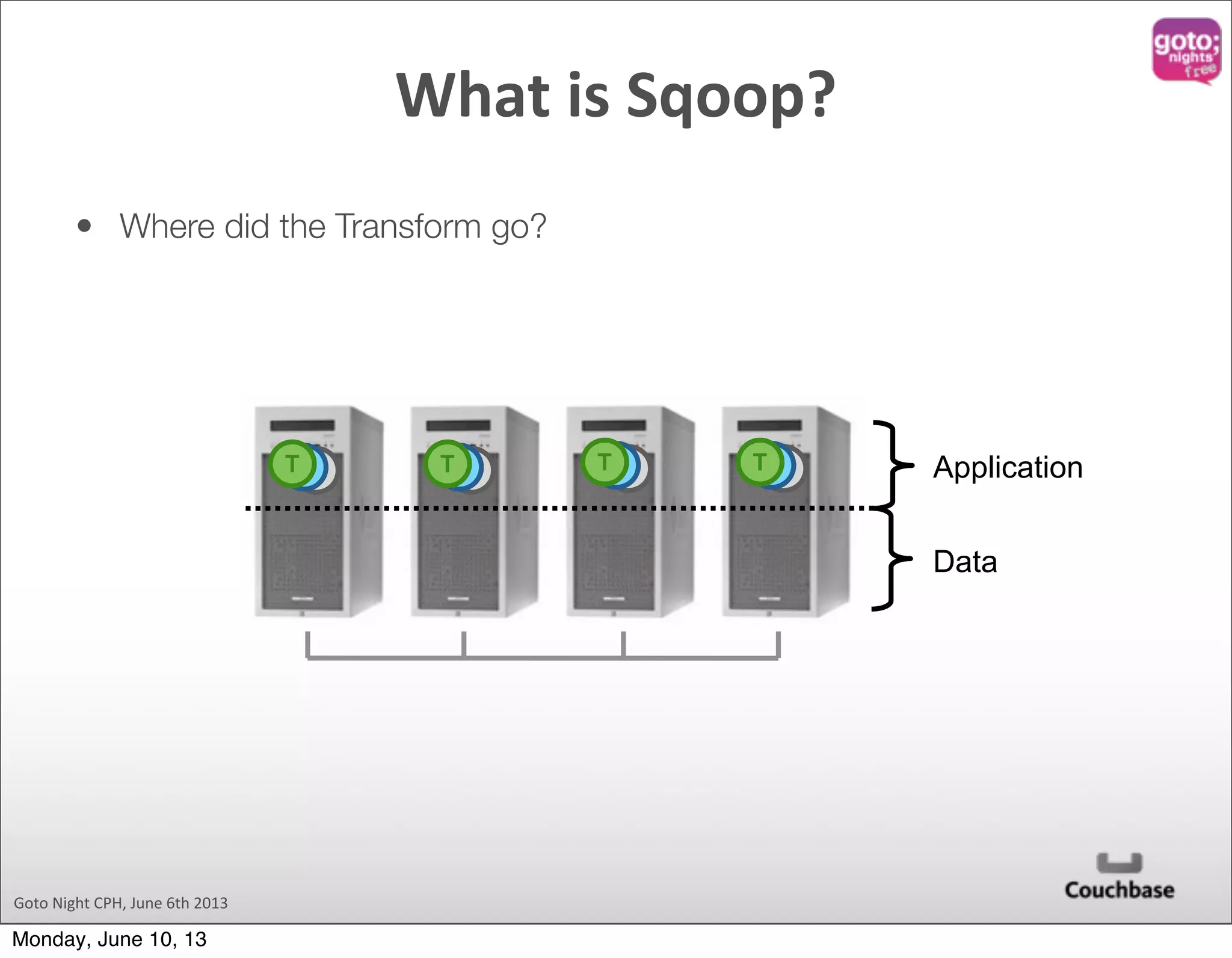 Goto  Night  CPH,  June  6th  2013 • Where did the Transform go? Application Data TTT TTT TTT TTT What  is  Sqoop? Monday, June 10, 13 