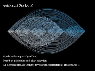 quick sort O(n log n) 
divide and conquer algorithm 
based on partioning and pivot selection 
all elements smaller than the pivot are moved before it, greater after it  