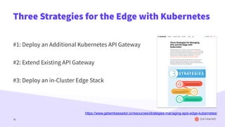 Three Strategies for the Edge with Kubernetes
#1: Deploy an Additional Kubernetes API Gateway
#2: Extend Existing API Gateway
#3: Deploy an in-Cluster Edge Stack
42
https://www.getambassador.io/resources/strategies-managing-apis-edge-kubernetes/
 