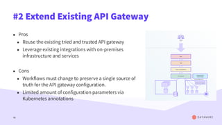 #2 Extend Existing API Gateway
• Pros
• Reuse the existing tried and trusted API gateway
• Leverage existing integrations with on-premises
infrastructure and services
• Cons
• Workflows must change to preserve a single source of
truth for the API gateway configuration.
• Limited amount of configuration parameters via
Kubernetes annotations
46
 