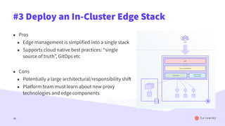 #3 Deploy an In-Cluster Edge Stack
• Pros
• Edge management is simplified into a single stack
• Supports cloud native best practices: “single
source of truth”, GitOps etc
• Cons
• Potentially a large architectural/responsibility shift
• Platform team must learn about new proxy
technologies and edge components
48
 