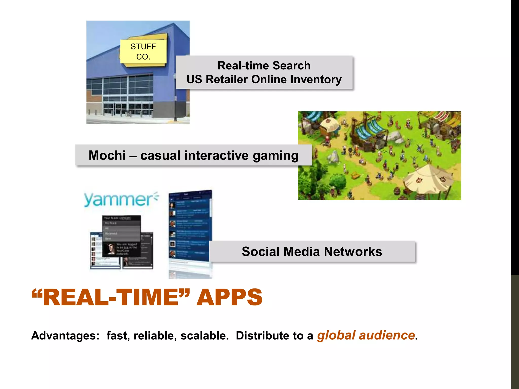 STUFF
                   CO.
                                 Real-time Search
                            US Retailer Online Inventory




          Mochi – casual interactive gaming




                                      Social Media Networks


“REAL-TIME” APPS
Advantages: fast, reliable, scalable. Distribute to a global audience.
 