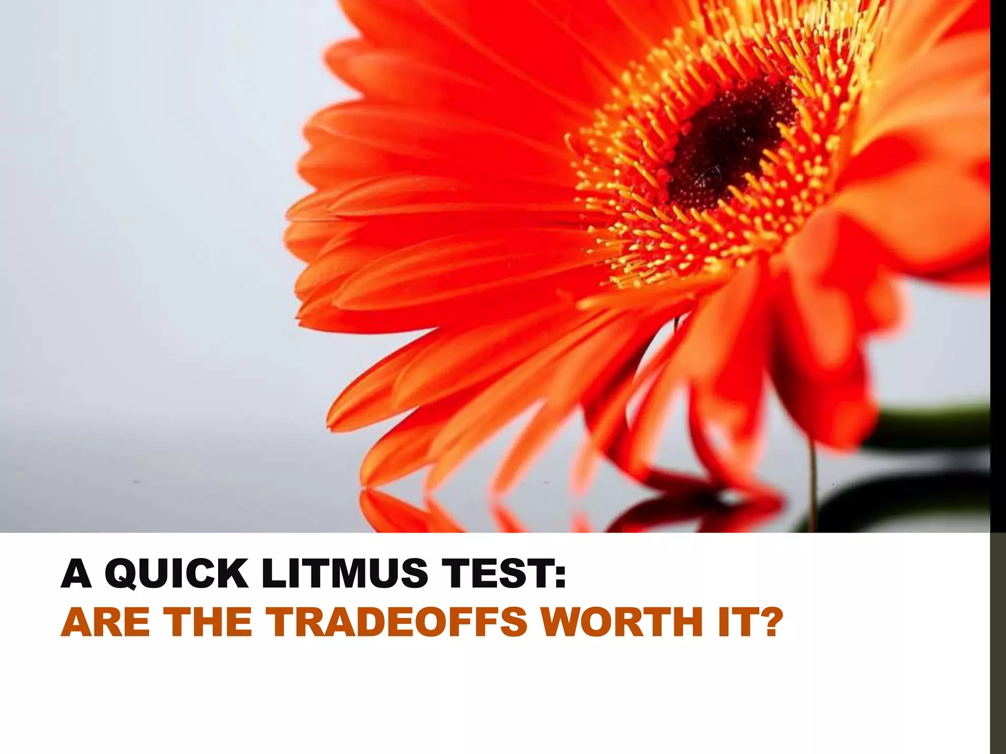 A QUICK LITMUS TEST:
ARE THE TRADEOFFS WORTH IT?
 