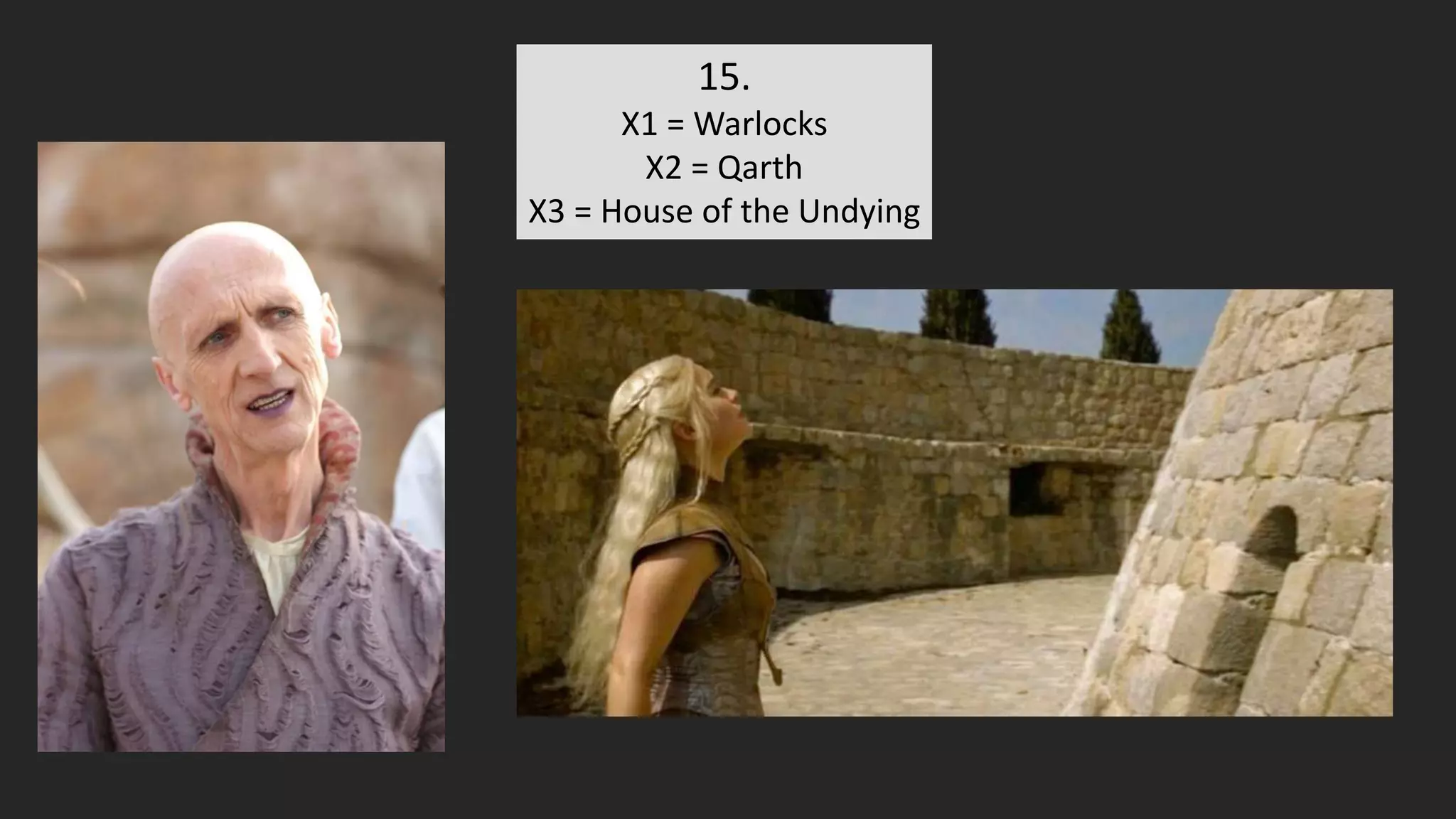15.
X1 = Warlocks
X2 = Qarth
X3 = House of the Undying
 