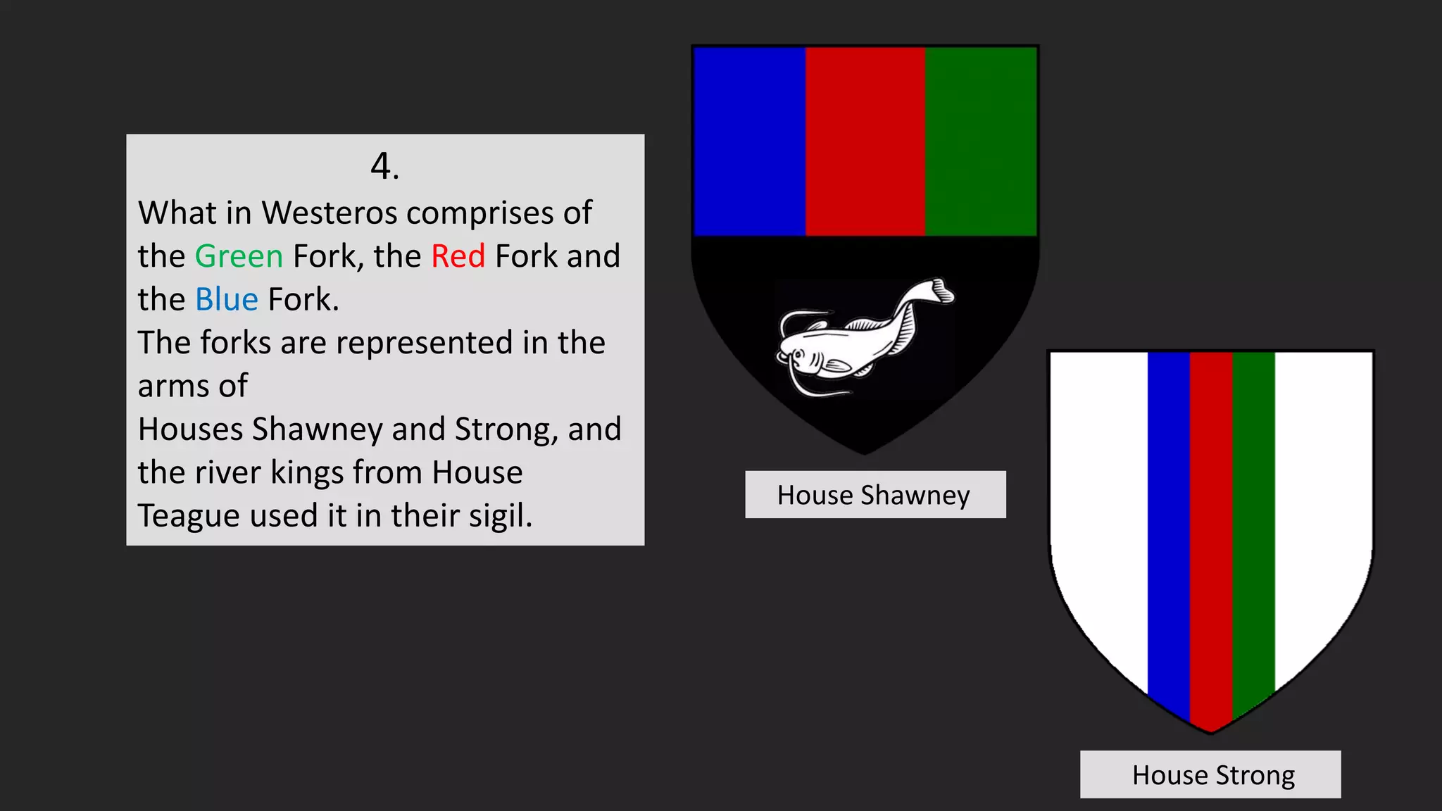 4.
What in Westeros comprises of
the Green Fork, the Red Fork and
the Blue Fork.
The forks are represented in the
arms of
Houses Shawney and Strong, and
the river kings from House
Teague used it in their sigil.
House Shawney
House Strong
 