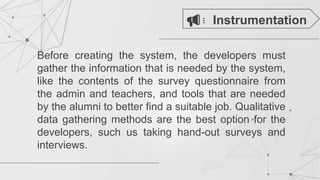 Before creating the system, the developers must
gather the information that is needed by the system,
like the contents of the survey questionnaire from
the admin and teachers, and tools that are needed
by the alumni to better find a suitable job. Qualitative
data gathering methods are the best option for the
developers, such us taking hand-out surveys and
interviews.
Instrumentation
 