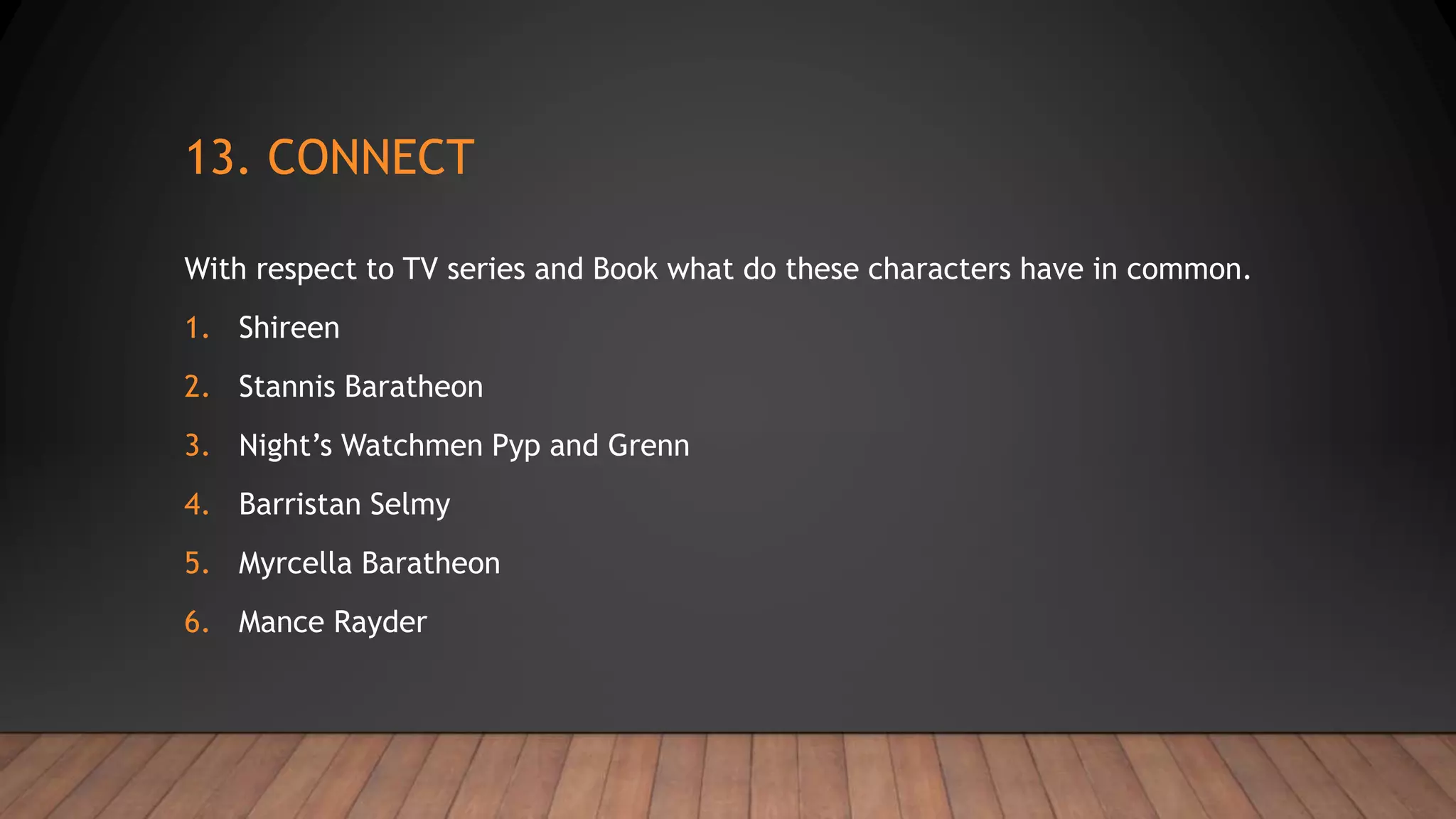 13. CONNECT
With respect to TV series and Book what do these characters have in common.
1. Shireen
2. Stannis Baratheon
3. Night’s Watchmen Pyp and Grenn
4. Barristan Selmy
5. Myrcella Baratheon
6. Mance Rayder
 