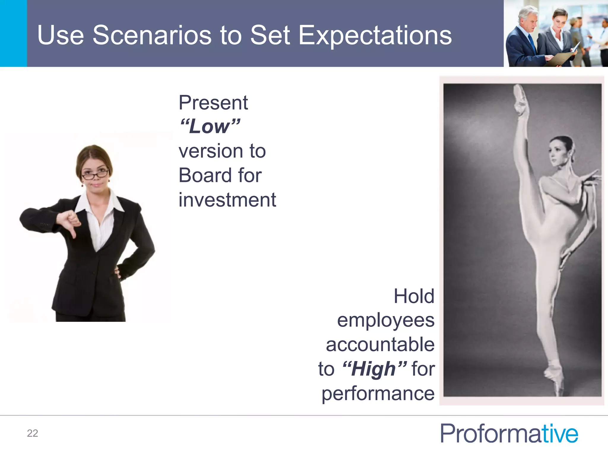 Use Scenarios to Set Expectations
22
Present
“Low”
version to
Board for
investment
Hold
employees
accountable
to “High” for
performance
 