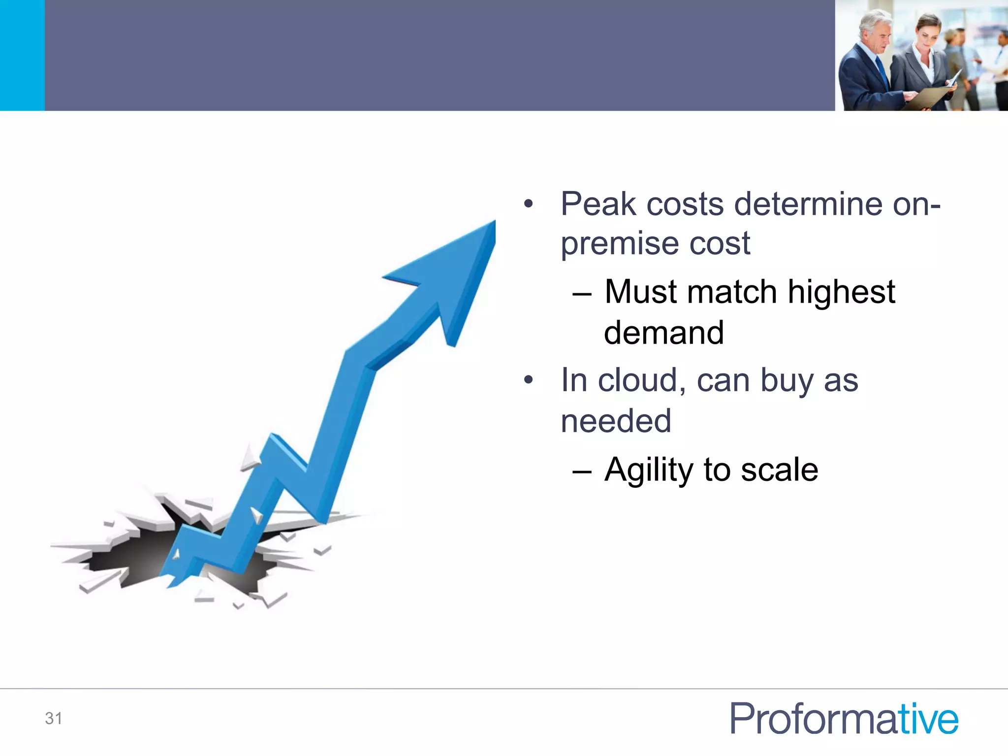 31
•  Peak costs determine on-
premise cost
–  Must match highest
demand
•  In cloud, can buy as
needed
–  Agility to scale
 