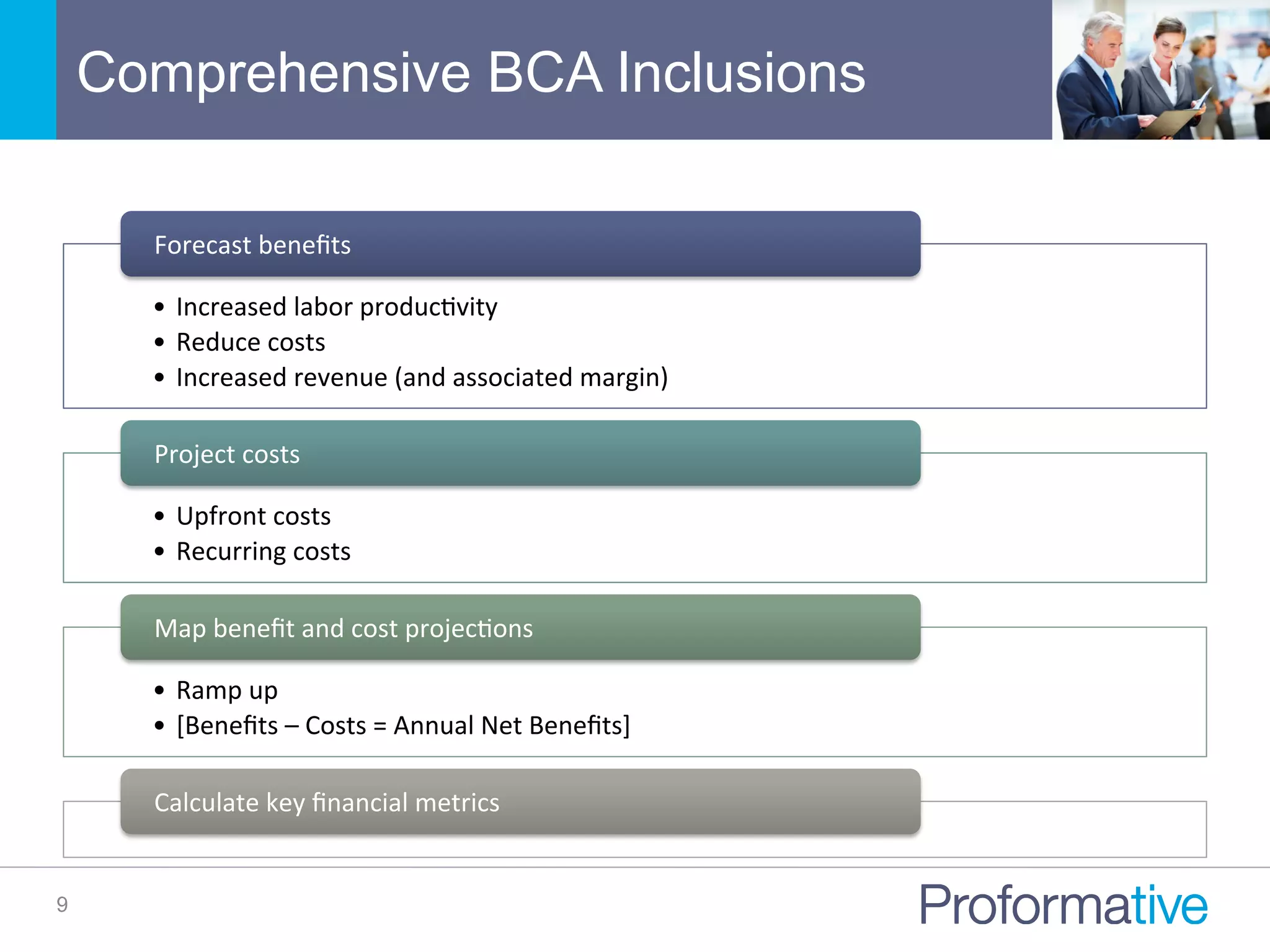Comprehensive BCA Inclusions
9
•  Increased	
  labor	
  producNvity	
  
•  Reduce	
  costs	
  
•  Increased	
  revenue	
  (and	
  associated	
  margin)	
  
Forecast	
  beneﬁts	
  
•  Upfront	
  costs	
  
•  Recurring	
  costs	
  
Project	
  costs	
  
•  Ramp	
  up	
  
•  [Beneﬁts	
  –	
  Costs	
  =	
  Annual	
  Net	
  Beneﬁts]	
  	
  
Map	
  beneﬁt	
  and	
  cost	
  projecNons	
  
Calculate	
  key	
  ﬁnancial	
  metrics	
  
 