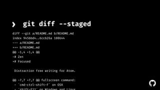 ! 
› git diff --staged 
diff --git a/README.md b/README.md 
index 945bbd4..6ccb26a 100644 
--- a/README.md 
+++ b/README.md 
@@ -1,4 +1,4 @@ 
-# Zen 
+# Focused 
Distraction free writing for Atom. 
@@ -7,7 +7,7 @@ fullscreen command: 
- `cmd-ctrl-shift-F` on OSX 
- `shift-F11` on Windows and Linux. 
 