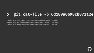 › git cat-file -p 6d189a0b90cb07212e7b7a 
100644 blob 5c217fa6d7f5536f958193e9cb04a8d4db588db6 LICENSE 
040000 tree a2fe4c0988d4ad5b5637f09ab5874972328cb563 include 
100644 blob e69de29bb2d1d6434b8b29ae775ad8c2e48c5391 source.c 
! 
 