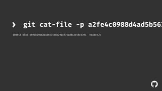 › git cat-file -p a2fe4c0988d4ad5b5637f0 
100644 blob e69de29bb2d1d6434b8b29ae775ad8c2e48c5391 header.h 
! 
 