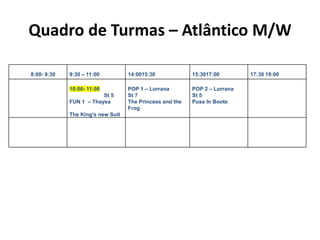 Quadro de Turmas – Atlântico M/W
8:00- 9:30 9:30 – 11:00 14:0015:30 15:3017:00 17:30 19:00
10:00- 11:00
St 5
FUN 1 – Thaysa
The King’s new Suit
POP 1 – Lorrana
St 7
The Princess and the
Frog
POP 2 – Lorrana
St 5
Puss In Boots
 