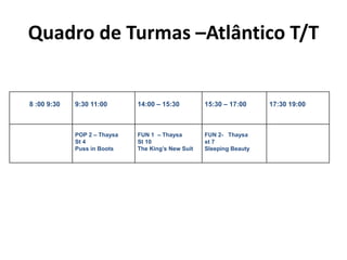 Quadro de Turmas –Atlântico T/T
8 :00 9:30 9:30 11:00 14:00 – 15:30 15:30 – 17:00 17:30 19:00
POP 2 – Thaysa
St 4
Puss in Boots
FUN 1 – Thaysa
St 10
The King’s New Suit
FUN 2- Thaysa
st 7
Sleeping Beauty
 