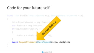 Code for your future self
async Task Handle(InvoiceIssued msg, IMessageHandlerContext ctx)
{
Data.InvoiceNumber = msg.Invo...