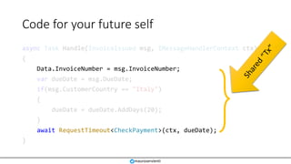 Code for your future self
async Task Handle(InvoiceIssued msg, IMessageHandlerContext ctx)
{
Data.InvoiceNumber = msg.Invo...