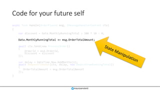 Code for your future self
async Task Handle(OrderPlaced msg, IMessageHandlerContext ctx)
{
var discount = Data.MonthlyRunn...