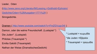 Lieder, Oden 
(http://www.zeno.org/Literatur/M/Lessing,+Gotthold+Ephraim/ 
Gedichte/Oden+%28Ausgabe+1771%29 ) 
Sinngedichte. 
Dramen ( http://www.youtube.com/watch?v=FmZGVugv34I ) 
Damon, oder die wahre Freundschaft. (Lustspiel *) 
Die Juden*. (Lustspiel) 
Philotas (Trauerspiel *) 
Emilia Galotti (Trauerspiel) 
Nathan der Weise (DramatischesGedicht) 
* Lustspiel = κωμωδία 
*die Juden =Εβραίοι 
* Trauerspiel = τραγωδία 
 