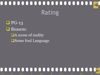 Rating
      PG-13
      Reason:
       A scene of nudity
       Some foul Language




>>     0   >>    1   >>      2   >>   3   >>   4   >>
 