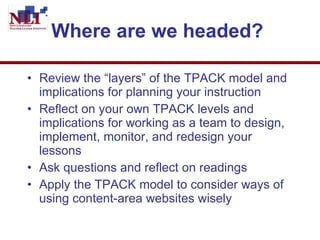 Where are we headed?  Review the “layers” of the TPACK model and implications for planning your instruction Reflect on your own TPACK levels and implications for working as a team to design, implement, monitor, and redesign your lessons  Ask questions and reflect on readings  Apply the TPACK model to consider ways of using content-area websites wisely  