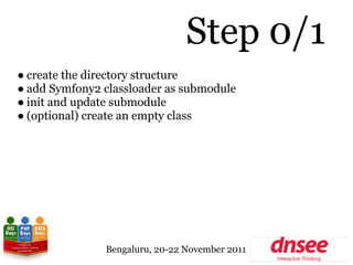 Step 0/1
● create the directory structure
● add Symfony2 classloader as submodule
● init and update submodule
● (optional)...