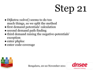 Step 21
● Dijkstra::solve() seems to do too
  much things, so we split the method
● first demand potentials' calculation
●...