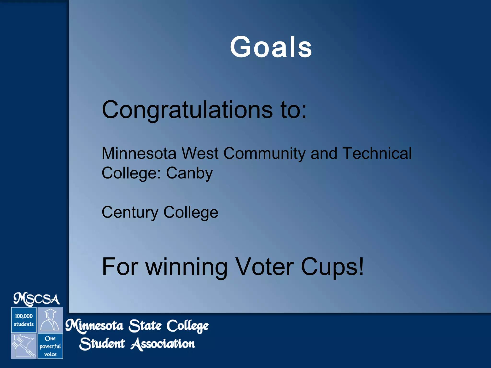 Goals 
Congratulations to: 
Minnesota West Community and Technical 
College: Canby 
Century College 
For winning Voter Cups! 
 