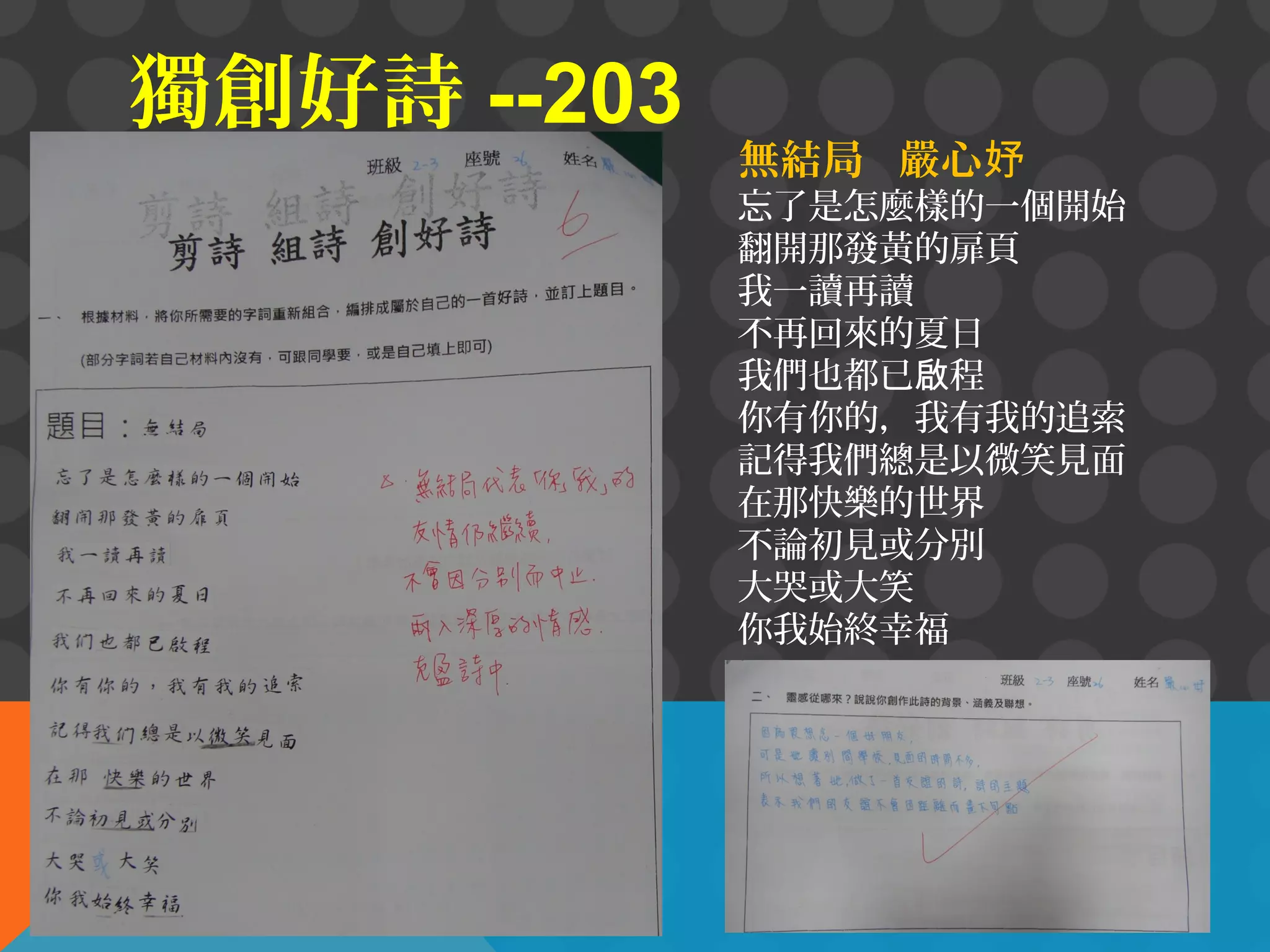 獨創好詩 --203

無結局 嚴心妤

忘了是怎麼樣的一個開始
翻開那發黃的扉頁
我一讀再讀
不再回來的夏日
我們也都已啟程
你有你的，我有我的追索
記得我們總是以微笑見面
在那快樂的世界
不論初見或分別
大哭或大笑
你我始終幸福

 