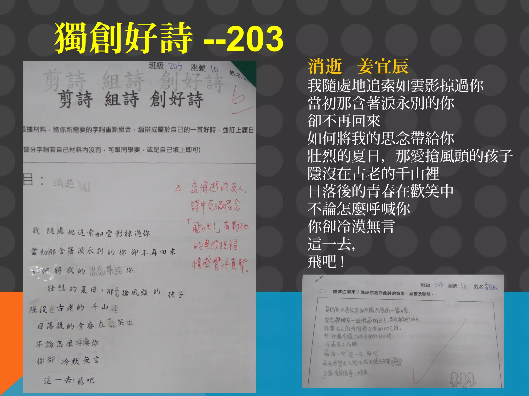 獨創好詩 --203

消逝 姜宜辰

我隨處地追索如雲影掠過你
當初那含著淚永別的你
卻不再回來
如何將我的思念帶給你
壯烈的夏日，那愛搶風頭的孩子
隱沒在古老的千山裡
日落後的青春在歡笑中
不論怎麼呼喊你
你卻冷漠無言
這一去，
飛吧 !

 