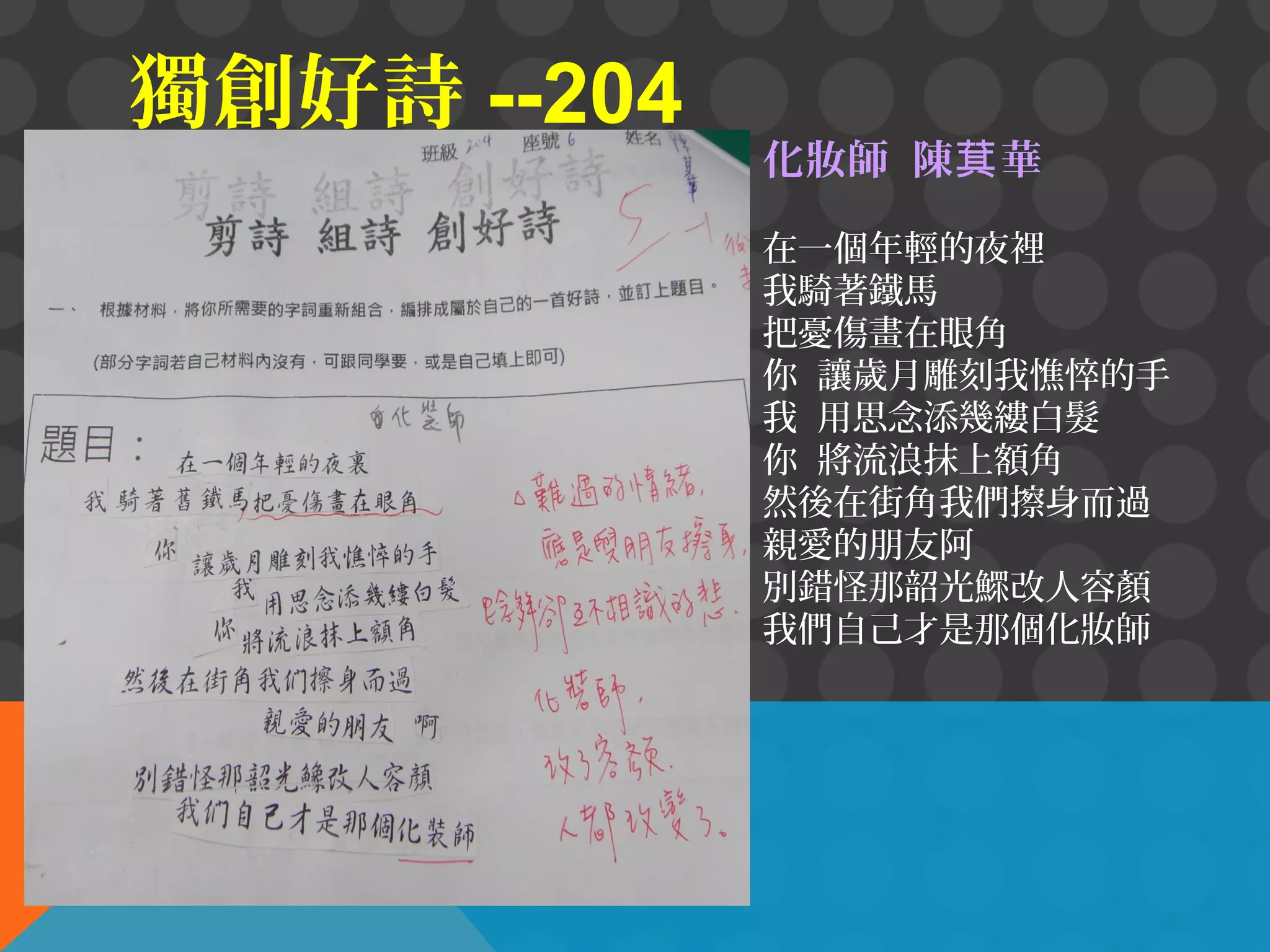 獨創好詩 --204

化妝師 陳萁 華
在一個年輕的夜裡
我騎著鐵馬
把憂傷畫在眼角
你 讓歲月雕刻我憔悴的手
我 用思念添幾縷白髮
你 將流浪抹上額角
然後在街角我們擦身而過
親愛的朋友阿
別錯怪那韶光鰥改人容顏
我們自己才是那個化妝師

 
