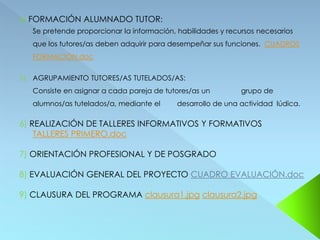 4) FORMACIÓN ALUMNADO TUTOR:
   Se pretende proporcionar la información, habilidades y recursos necesarios
   que los tutores/as deben adquirir para desempeñar sus funciones. CUADROS
   FORMACIÓN.doc


5) AGRUPAMIENTO TUTORES/AS TUTELADOS/AS:
   Consiste en asignar a cada pareja de tutores/as un         grupo de
   alumnos/as tutelados/a, mediante el      desarrollo de una actividad lúdica.

6) REALIZACIÓN DE TALLERES INFORMATIVOS Y FORMATIVOS
    TALLERES PRIMERO.doc

7) ORIENTACIÓN PROFESIONAL Y DE POSGRADO

8) EVALUACIÓN GENERAL DEL PROYECTO CUADRO EVALUACIÓN.doc

9) CLAUSURA DEL PROGRAMA clausura1.jpg clausura2.jpg
 