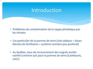 Introduction	
  
*  Problèmes	
  de	
  contamination	
  de	
  la	
  nappe	
  phréatique	
  par	
  
les	
  nitrates	
  
*  Cas	
  particulier	
  de	
  la	
  pomme	
  de	
  terre	
  (sols	
  sableux	
  +	
  doses	
  
élevées	
  de	
  fertilisants	
  +	
  système	
  racinaire	
  peu	
  profond)	
  
*  Au	
  Québec,	
  taux	
  de	
  recouvrement	
  des	
  engrais	
  azotés	
  
estimé	
  à	
  environ	
  50%	
  pour	
  la	
  pomme	
  de	
  terre	
  (Cambouris,	
  
2007)	
  
	
  

 