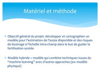 Matériel	
  et	
  méthode	
  

*  Objectif	
  général	
  du	
  projet:	
  développer	
  et	
  cartographier	
  un	
  
modèle	
  pour	
  l’estimation	
  de	
  l’azote	
  disponible	
  et	
  des	
  risques	
  
de	
  lessivage	
  à	
  l’échelle	
  intra-­‐champ	
  dans	
  le	
  but	
  de	
  guider	
  la	
  
fertilisation	
  azotée	
  
*  Modèle	
  hybride	
  =	
  modèle	
  qui	
  combine	
  techniques	
  issues	
  du	
  
“machine	
  learning”	
  avec	
  d’autres	
  approches	
  (ex:	
  modèle	
  
physique)	
  

 