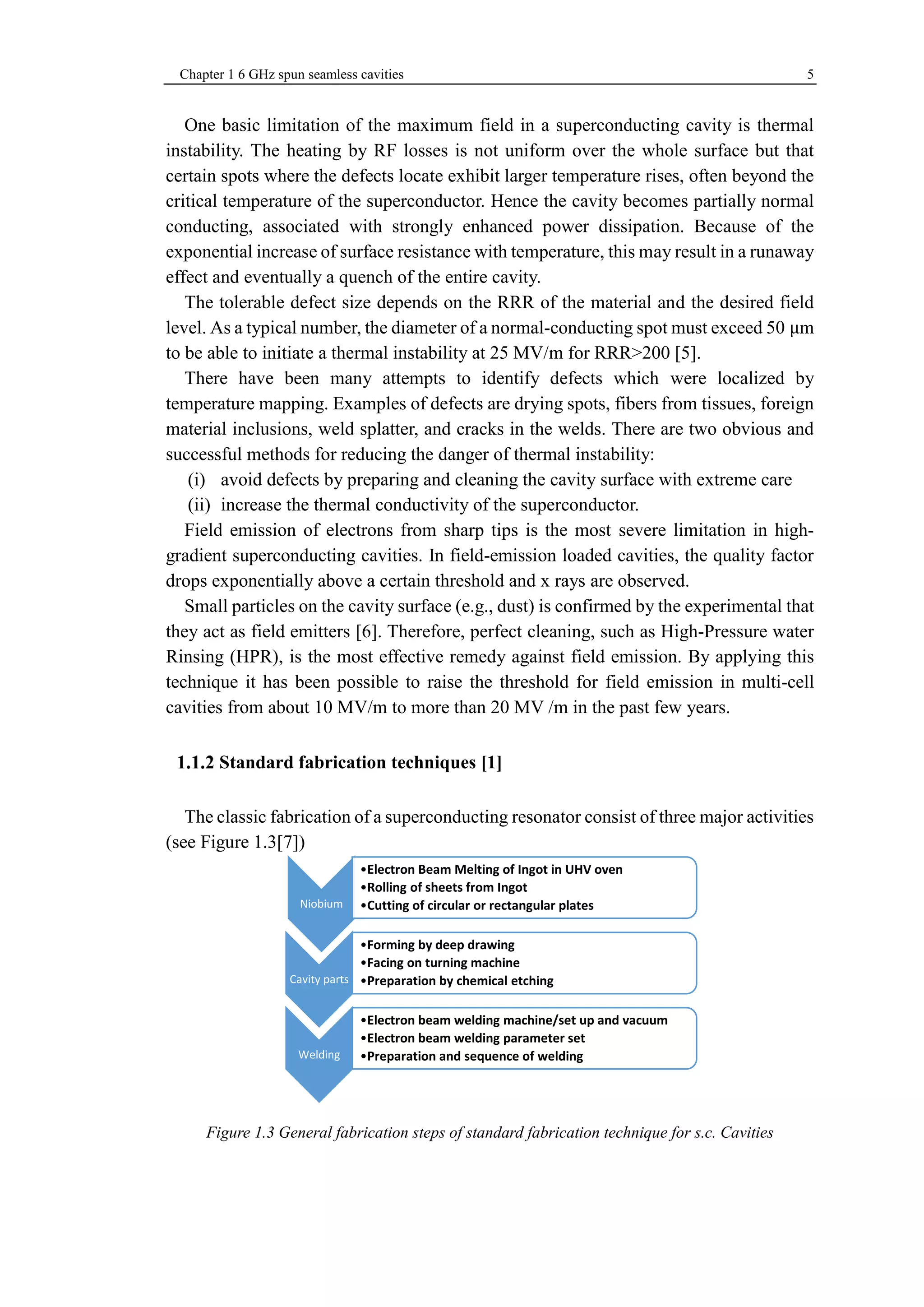 Chapter 1 6 GHz spun seamless cavities 5 
One basic limitation of the maximum field in a superconducting cavity is thermal 
instability. The heating by RF losses is not uniform over the whole surface but that 
certain spots where the defects locate exhibit larger temperature rises, often beyond the 
critical temperature of the superconductor. Hence the cavity becomes partially normal 
conducting, associated with strongly enhanced power dissipation. Because of the 
exponential increase of surface resistance with temperature, this may result in a runaway 
effect and eventually a quench of the entire cavity. 
The tolerable defect size depends on the RRR of the material and the desired field 
level. As a typical number, the diameter of a normal-conducting spot must exceed 50 μm 
to be able to initiate a thermal instability at 25 MV/m for RRR>200 [5]. 
There have been many attempts to identify defects which were localized by 
temperature mapping. Examples of defects are drying spots, fibers from tissues, foreign 
material inclusions, weld splatter, and cracks in the welds. There are two obvious and 
successful methods for reducing the danger of thermal instability: 
(i) avoid defects by preparing and cleaning the cavity surface with extreme care 
(ii) increase the thermal conductivity of the superconductor. 
Field emission of electrons from sharp tips is the most severe limitation in high-gradient 
superconducting cavities. In field-emission loaded cavities, the quality factor 
drops exponentially above a certain threshold and x rays are observed. 
Small particles on the cavity surface (e.g., dust) is confirmed by the experimental that 
they act as field emitters [6]. Therefore, perfect cleaning, such as High-Pressure water 
Rinsing (HPR), is the most effective remedy against field emission. By applying this 
technique it has been possible to raise the threshold for field emission in multi-cell 
cavities from about 10 MV/m to more than 20 MV /m in the past few years. 
Standard fabrication techniques [1] 
The classic fabrication of a superconducting resonator consist of three major activities 
(see Figure 1.3[7]) 
Figure 1.3 General fabrication steps of standard fabrication technique for s.c. Cavities 
Niobium 
•Electron Beam Melting of Ingot in UHV oven 
•Rolling of sheets from Ingot 
•Cutting of circular or rectangular plates 
Cavity parts 
•Forming by deep drawing 
•Facing on turning machine 
•Preparation by chemical etching 
Welding 
•Electron beam welding machine/set up and vacuum 
•Electron beam welding parameter set 
•Preparation and sequence of welding 
 