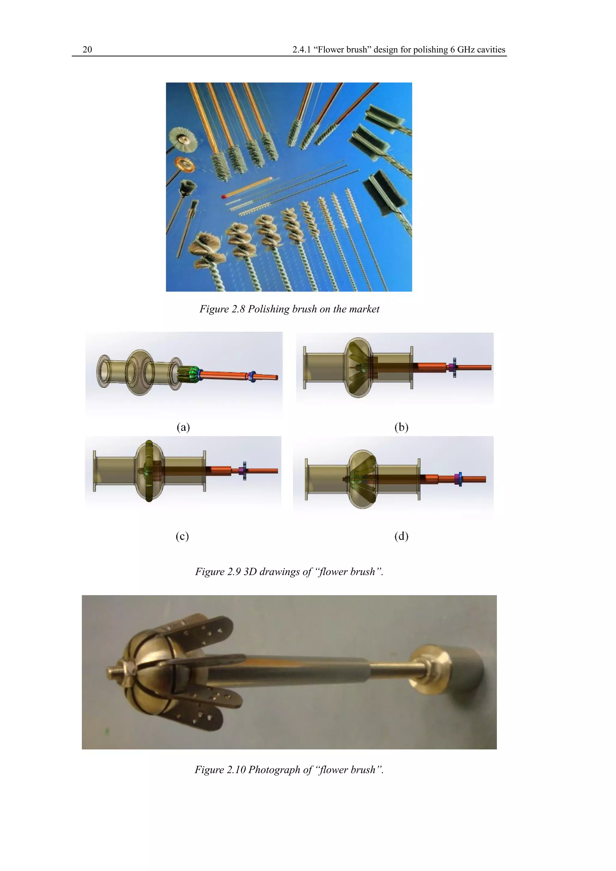20 2.4.1 “Flower brush” design for polishing 6 GHz cavities 
Figure 2.8 Polishing brush on the market 
Figure 2.9 3D drawings of “flower brush”. 
Figure 2.10 Photograph of “flower brush”. 
 