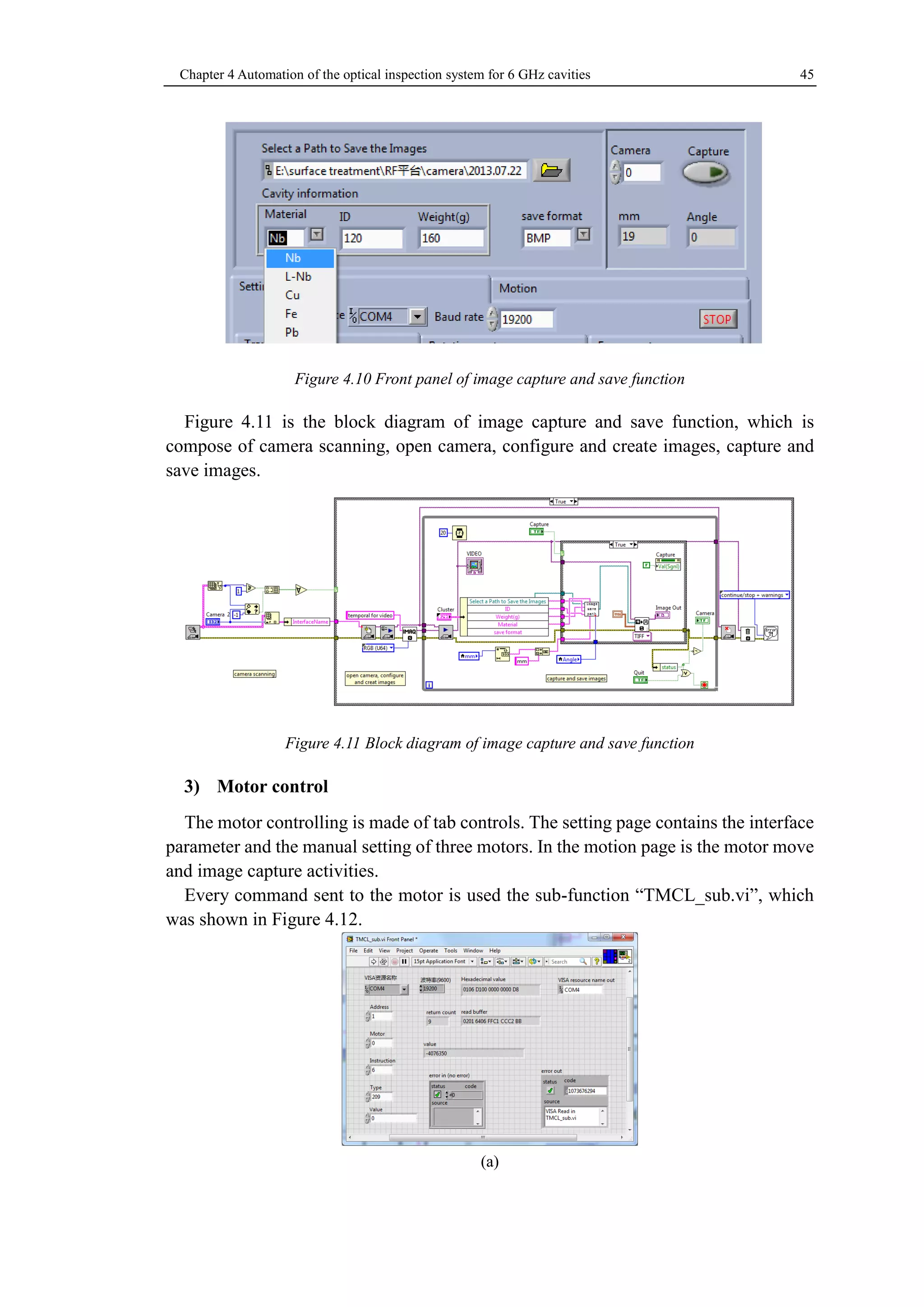Chapter 4 Automation of the optical inspection system for 6 GHz cavities 45 
Figure 4.10 Front panel of image capture and save function 
Figure 4.11 is the block diagram of image capture and save function, which is 
compose of camera scanning, open camera, configure and create images, capture and 
save images. 
Figure 4.11 Block diagram of image capture and save function 
3) Motor control 
The motor controlling is made of tab controls. The setting page contains the interface 
parameter and the manual setting of three motors. In the motion page is the motor move 
and image capture activities. 
Every command sent to the motor is used the sub-function “TMCL_sub.vi”, which 
was shown in Figure 4.12. 
(a) 
 