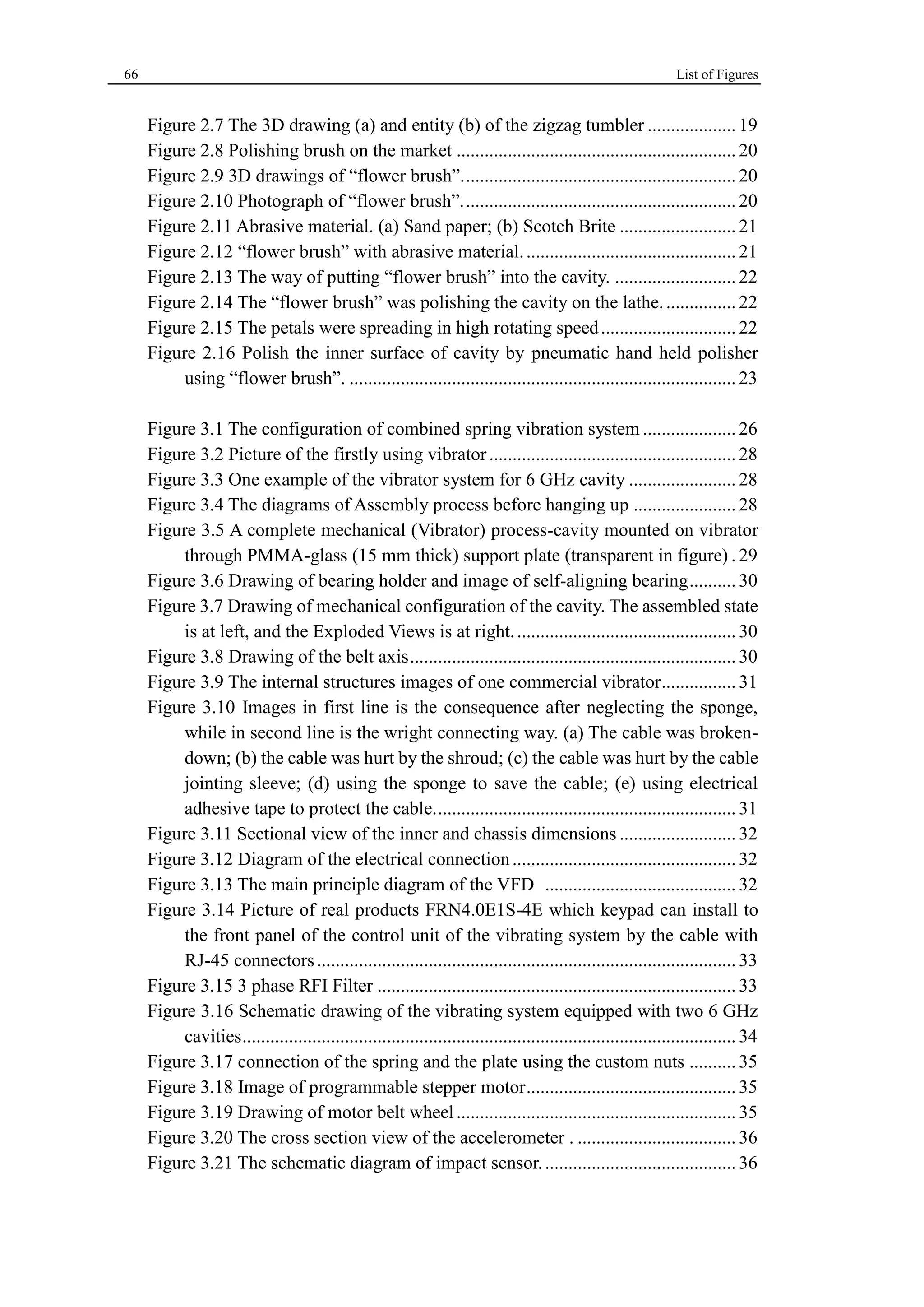 66 List of Figures 
Figure 2.7 The 3D drawing (a) and entity (b) of the zigzag tumbler ................... 19 
Figure 2.8 Polishing brush on the market ............................................................ 20 
Figure 2.9 3D drawings of “flower brush”. .......................................................... 20 
Figure 2.10 Photograph of “flower brush”. .......................................................... 20 
Figure 2.11 Abrasive material. (a) Sand paper; (b) Scotch Brite ......................... 21 
Figure 2.12 “flower brush” with abrasive material. ............................................. 21 
Figure 2.13 The way of putting “flower brush” into the cavity. .......................... 22 
Figure 2.14 The “flower brush” was polishing the cavity on the lathe. ............... 22 
Figure 2.15 The petals were spreading in high rotating speed ............................. 22 
Figure 2.16 Polish the inner surface of cavity by pneumatic hand held polisher 
using “flower brush”. ................................................................................... 23 
Figure 3.1 The configuration of combined spring vibration system .................... 26 
Figure 3.2 Picture of the firstly using vibrator ..................................................... 28 
Figure 3.3 One example of the vibrator system for 6 GHz cavity ....................... 28 
Figure 3.4 The diagrams of Assembly process before hanging up ...................... 28 
Figure 3.5 A complete mechanical (Vibrator) process-cavity mounted on vibrator 
through PMMA-glass (15 mm thick) support plate (transparent in figure) . 29 
Figure 3.6 Drawing of bearing holder and image of self-aligning bearing .......... 30 
Figure 3.7 Drawing of mechanical configuration of the cavity. The assembled state 
is at left, and the Exploded Views is at right. ............................................... 30 
Figure 3.8 Drawing of the belt axis ...................................................................... 30 
Figure 3.9 The internal structures images of one commercial vibrator ................ 31 
Figure 3.10 Images in first line is the consequence after neglecting the sponge, 
while in second line is the wright connecting way. (a) The cable was broken-down; 
(b) the cable was hurt by the shroud; (c) the cable was hurt by the cable 
jointing sleeve; (d) using the sponge to save the cable; (e) using electrical 
adhesive tape to protect the cable. ................................................................ 31 
Figure 3.11 Sectional view of the inner and chassis dimensions ......................... 32 
Figure 3.12 Diagram of the electrical connection ................................................ 32 
Figure 3.13 The main principle diagram of the VFD ......................................... 32 
Figure 3.14 Picture of real products FRN4.0E1S-4E which keypad can install to 
the front panel of the control unit of the vibrating system by the cable with 
RJ-45 connectors .......................................................................................... 33 
Figure 3.15 3 phase RFI Filter ............................................................................. 33 
Figure 3.16 Schematic drawing of the vibrating system equipped with two 6 GHz 
cavities .......................................................................................................... 34 
Figure 3.17 connection of the spring and the plate using the custom nuts .......... 35 
Figure 3.18 Image of programmable stepper motor ............................................. 35 
Figure 3.19 Drawing of motor belt wheel ............................................................ 35 
Figure 3.20 The cross section view of the accelerometer . .................................. 36 
Figure 3.21 The schematic diagram of impact sensor. ......................................... 36 
 