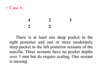 • Case 1:
There is at least one deep pocket in the
right posterior and one or more moderately
deep pocket in the left posterior sextants of the
maxilla. Three sextants have no pocket depths
over 3 mm but do require scaling. One sextant
is missing.
4 2 3
2 2
 